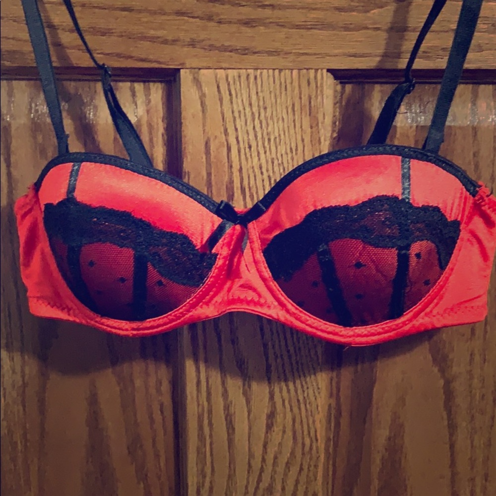 34B Balconette Red Satin and black lace bra